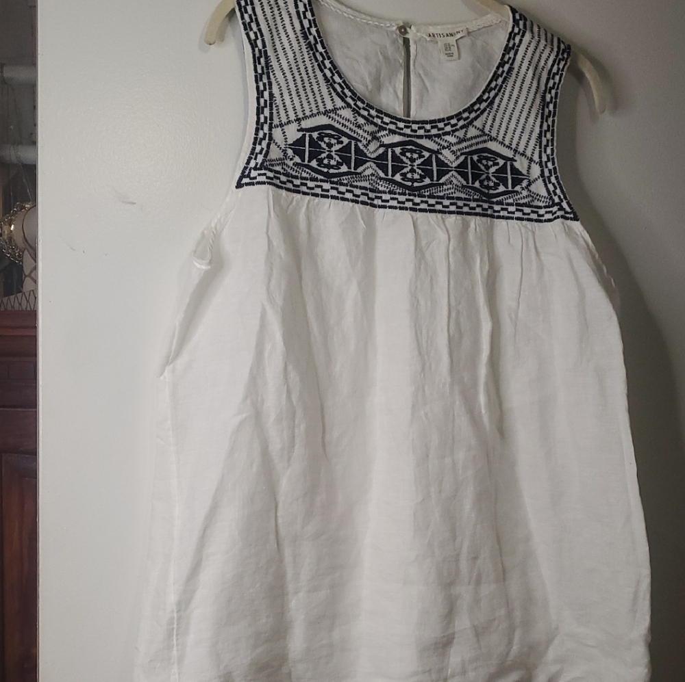 Artisan White Linen Tank with Navy Embroidered Yoke